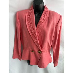 Vintage Glory of New York Linen Blazer Salmon Pink Embroidered Floral Classy 14